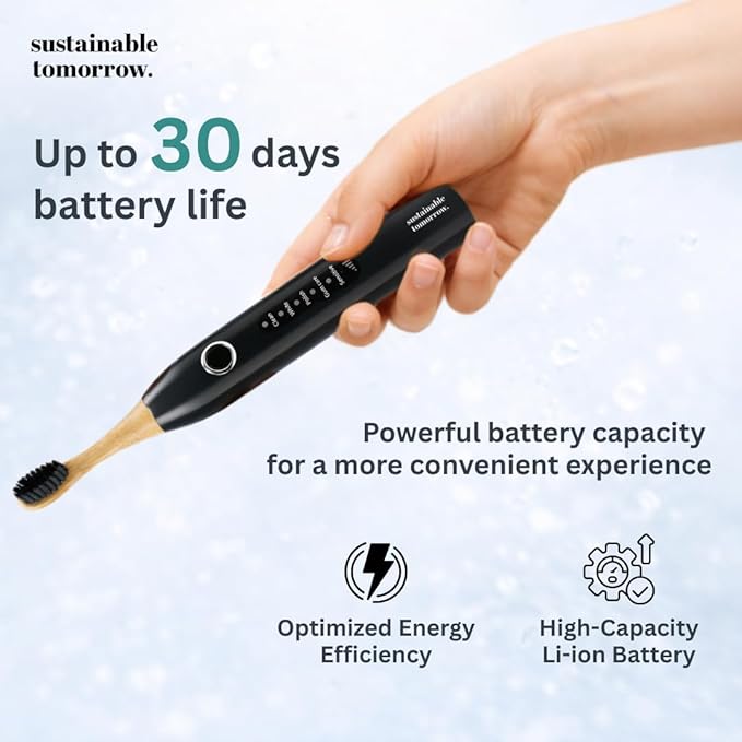 Sustainable Tomorrow Zen Bamboo Electric Toothbrush, Durable Wood-Grain ABS Handle, Rechargeable w/Plant-Based Soft Bristles, Bamboo Heads, 5 Modes & 30-Day Battery (Black)