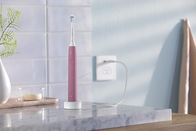 Philips Sonicare 4100 Electric Rechargeable Power Toothbrush, Pink, with Genuine Philips Sonicare Optimal Plaque Control Replacement Toothbrush Heads, White, 3 Pack