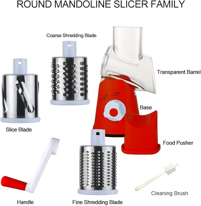 Cambom Rotary Cheese Grater Hand Crank Cheese Shredder for Fresh Cheese, Vegetable, Nuts,Non-slip Suction Base，Three Blades,Red