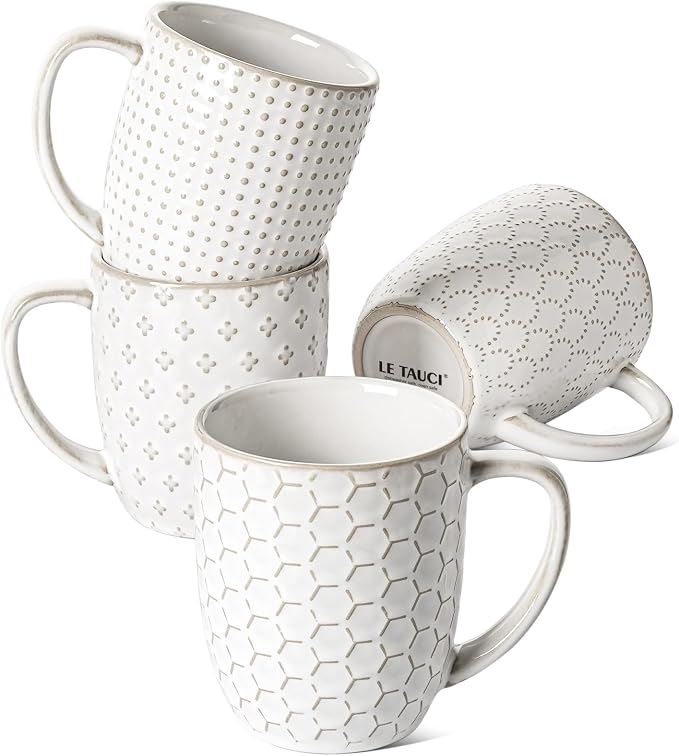 LE TAUCI Coffee Mugs 12 oz, Ceramic Mug Set Set of 4, Embossment Cups for Espresso, Latte, Tea, Cocoa, Cappuccino & Mocha, Dishwasher Oven Microwave Safe - 3.4 inch, Arctic White
