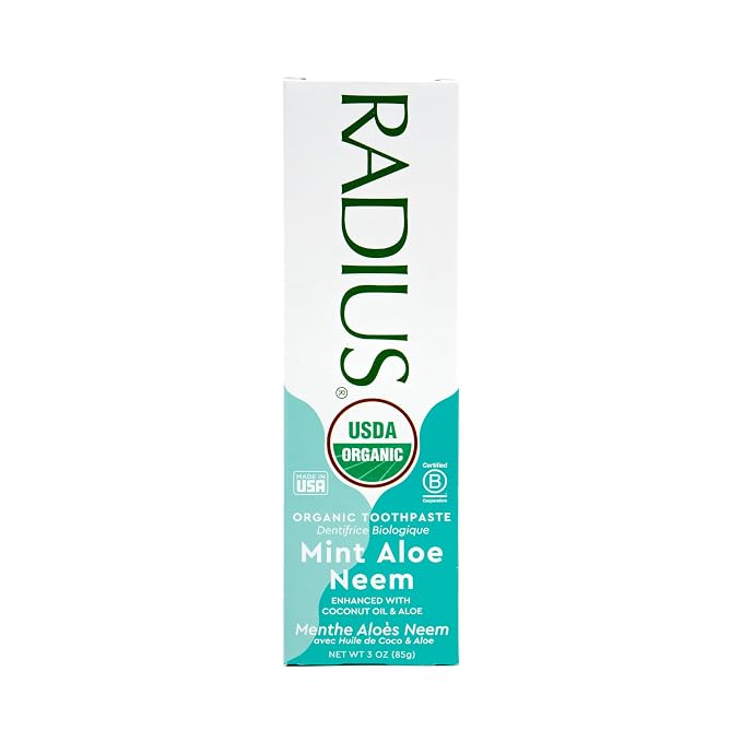 Radius USDA Organic Toothpaste, Non Toxic Chemical-Free Gluten-Free Designed to Improve Gum Health & Prevent Cavity - Mint Aloe Neem - 3 Ounce (Pack of 1)