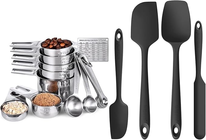 U-Taste Measuring Cups and Spoons Set of 15 in 18/8 Stainless Steel, and Upgraded 600ºF High Resistant Flexible and Sturdy Silicone Spatula Set of 4 (Black)