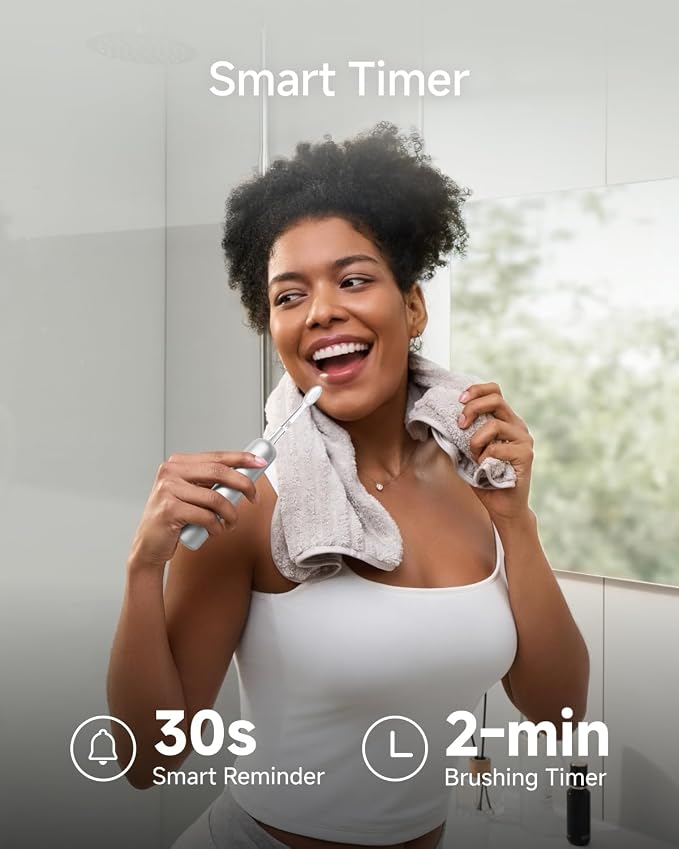 Laifen Wave Pro Sonic Toothbrush, 60° Oscillation & Pressure Sensor, Silver | Aluminum Material, APP Connectivity, 2 Replacement Brush Heads, 70-Day Battery, Travel Friendly, Wireless Charging, Easy Grip