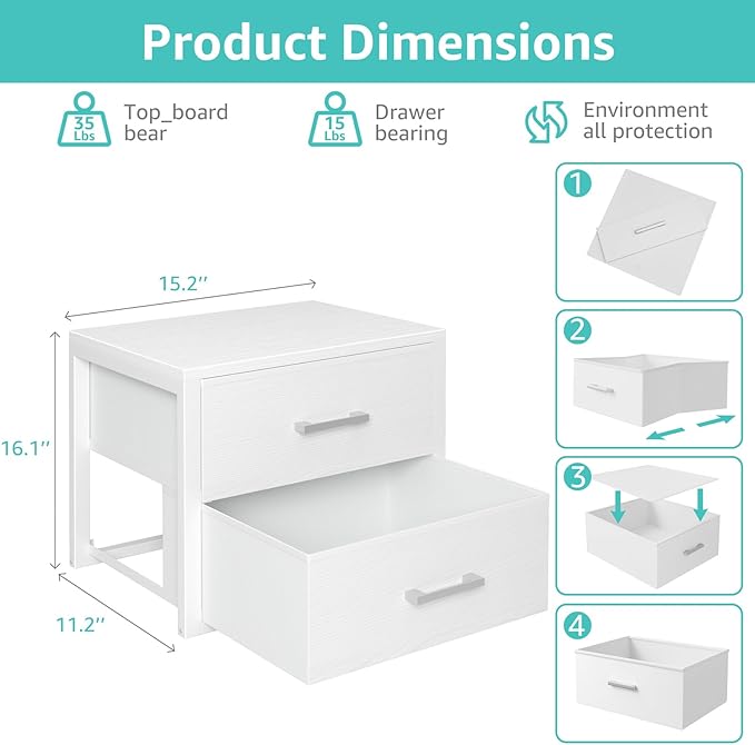 BOLUO Stackable Storage Drawers Closet Organizers and Storage Fabric White 2 Drawer Dresser for Bedroom 2 Packs Modern