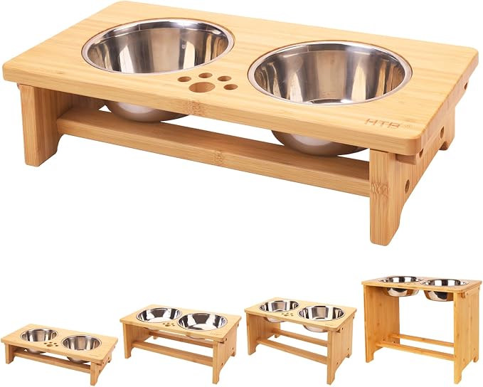 HTB Elevated Dog Bowl Stand with 2 Stainless Steel Bowls-4" H Small Bamboo | Raised Dog Bowl Stand, 4"tall, 21 Oz Bowls, for Small Sized Dogs, Pet-safe, Solid Bamboo