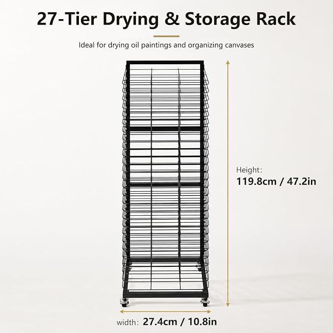 Art Drying Rack 27 Removable Shelves,Mobile with Locking Wheels, Heavy-Duty Metal Paint Drying Stand for Canvas, Artwork, Classroom, Art Studio, School
