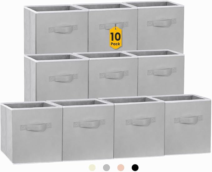 Storage Cubes, 11 Inch Cube Storage Bins for Shelves (10 Pack), Fabric Collapsible Storage Bins with Dual Handles, Foldable Cube Baskets for Magazines, Closet Organizers and Storage Box (Grey)
