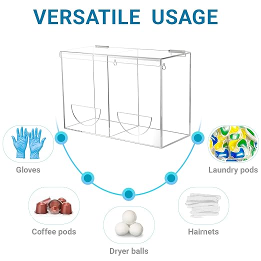 Glove Dispenser Wall Mounted Medical Glove Holder with 2 Compartment Clear Acrylic Hygiene Dispenser for Hair Nets, Shoe Covers, Beard Nets - Sanitation Station Storage Organizer