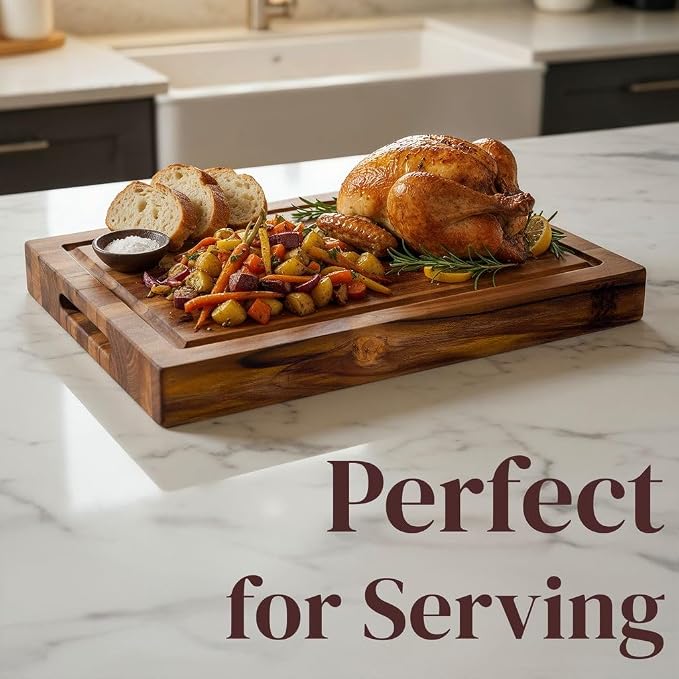 Premium Teak Wood Cutting Board 14×10 Inch, Extra Thick 1.5 Inch Edge Grain Butcher Block for Meat & Daily Prep, Large Wooden Cutting Board with Juice Groove & Handle Grips by New M Way