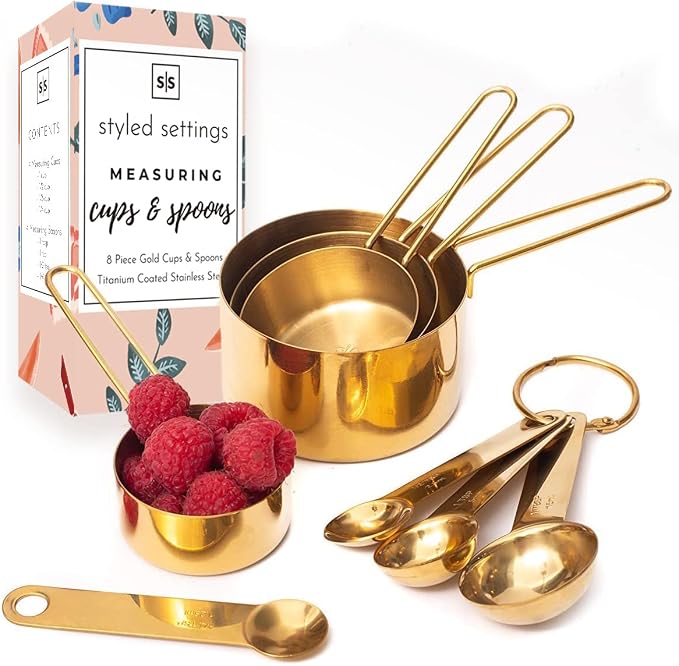 Styled Settings 33-Piece Blue and Copper Kitchen Bundle – 17-Piece Utensil Set, 8-Piece Magnetic Measuring Spoons, and 8-Piece Gold Stainless Steel Measuring Cups