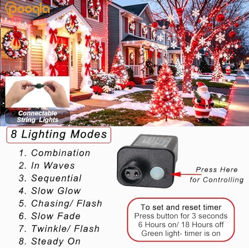 Pooqla 200 LED Red and White Christmas Lights Outdoor String Lights, 66 ft