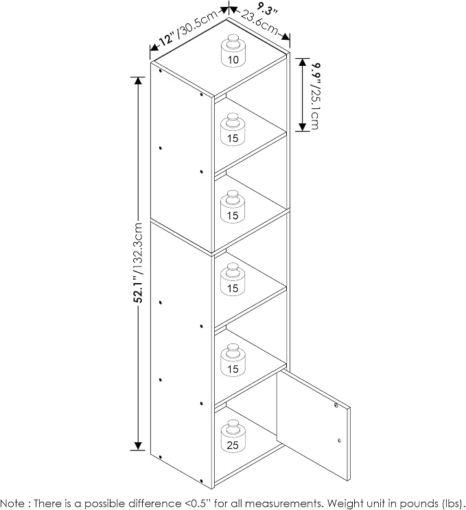 Furinno LUDER Book Shelf, 5-Tier Modern Bookshelf, Bookcase with 1 Door Storage Cabinet, 9.3 x 12 x 52, for Organization and Storage, for Living Room, Bedroom, Home Office, Blackwood