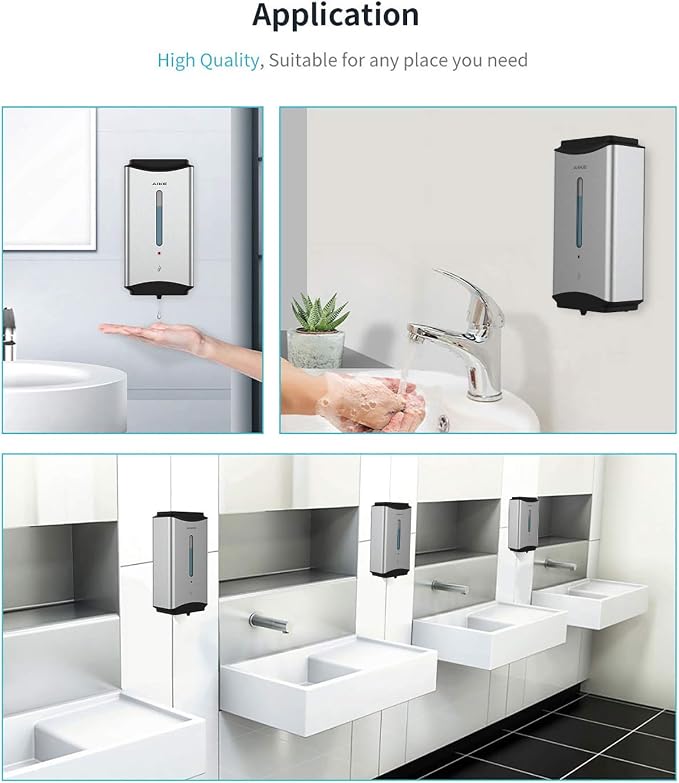 AIKE Heavy Duty Automatic Soap Dispenser,37oz for Bathroom,Brushed Steel | 5-Level and Savety Key for Commercial(4*AA Batteries Not Included),Screw Wall Mount for Space-Saving,Stainless Steel AK1206