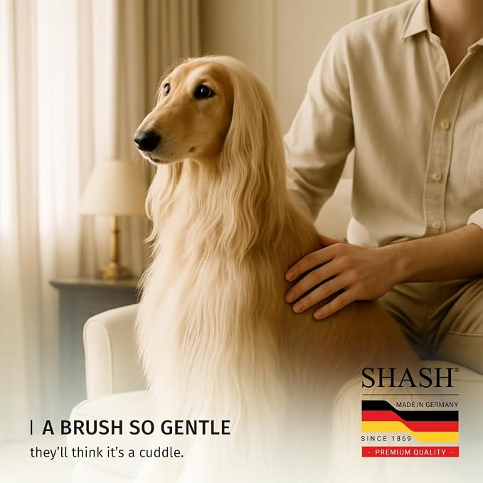 Since 1869 Hand Made In Germany - SHASH Oval Pet Brush With Long Metal Pins With Rubber Cushion - Helps Detangle Knots, Eliminate Frizz, Reduce Pulling & Snagging (Short Steel Pins)