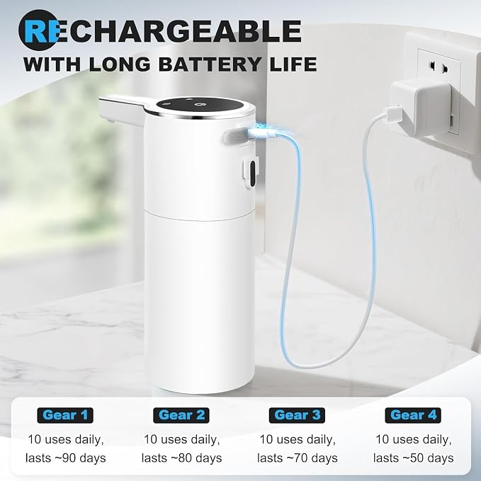 Automatic Soap Dispenser Liquid Touchless: 13.52oz/400ml Wall Mounted USB Rechargeable - 4-Level Adjustable Modern Electric Hand Soap Dispenser - Kitchen Bathroom Kids Family White
