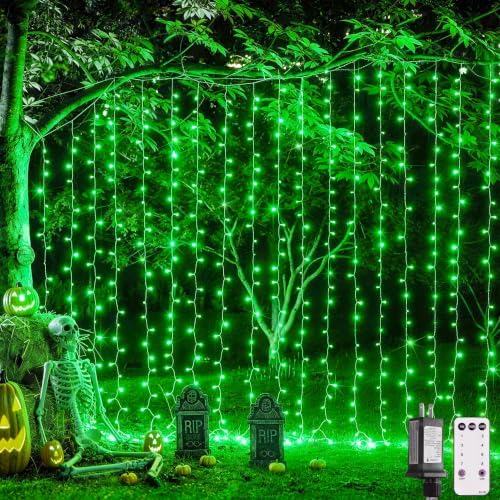JMEXSUSS 300 LED Green Curtain Lights for Halloween Decor, 9.8x9.8ft
