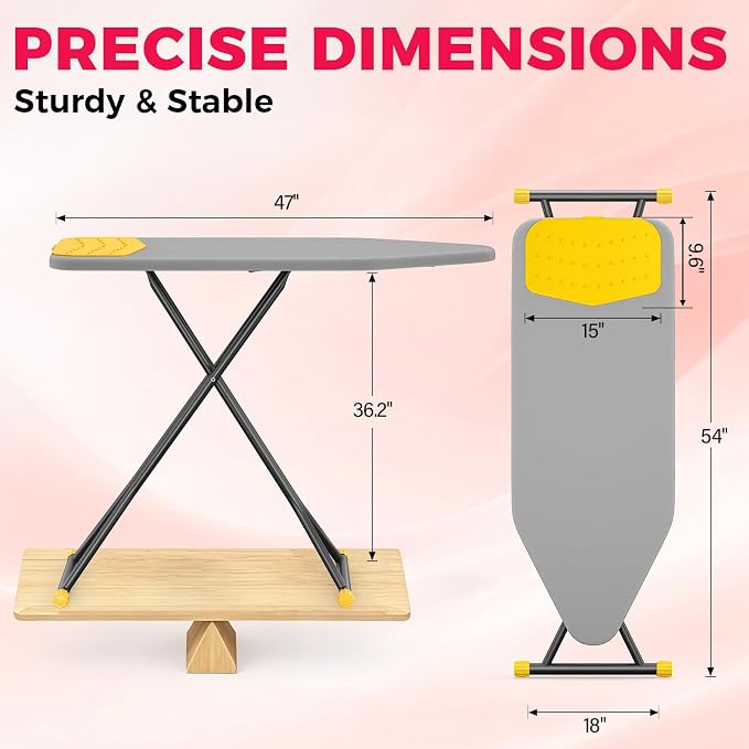 KINGBOARD Extra Wide Ironing Board, 18x47 Full Size Ironing Board with Silicon Iron Mat, Large Stand with 7 Adjustable Heights, Heavy Duty Iron Board with Heat Resistant Cover, Grey
