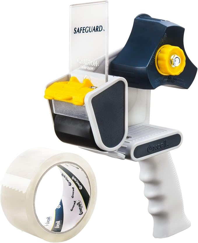 Excell Safeguard Packing Tape Dispenser with 1 Roll Transparent Tape, 2 Inch Wide Tape Gun with Pushflap Technology for Effortless Packaging, Box & Carton Sealing | Retractable Blade Cover for Safety, one-Hand use. Ideal for Shipping and Carton Sealing...