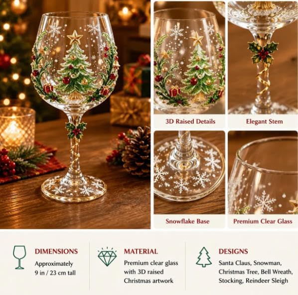 Christmas 3D Wine Glass Collection Gift Box Set, 3D Christmas Wine Glasses,Raised Holiday Goblet with Snowflake Decor,Festive Glassware,Holiday Party Decor,Wines & Cocktails,Table Decor (1pcs B)