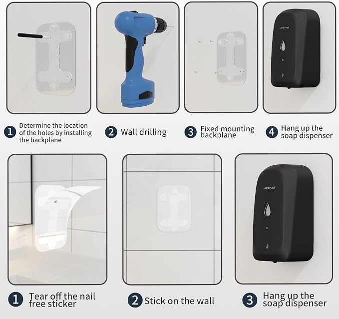 JETWELL Touchless Wall Mount Stainless Steel Soap Dispenser 34OZ/1000ML | Black Matte Cover, Large Capacity, Battery Powered, Liquid Soap, Commercial & Home Use