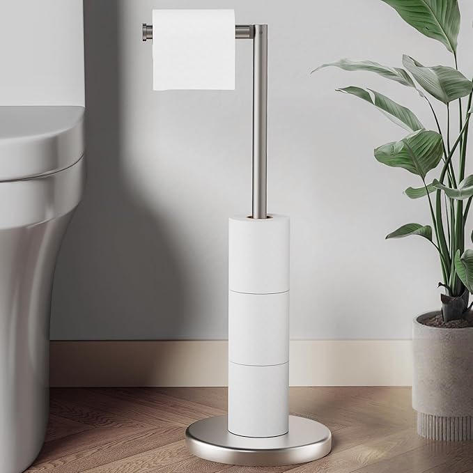 Toilet Paper Holder Stand 22.2" H Brushed Nickel Bathroom Free Standing Toilet Paper Roll Holder Storage Shelf for 4 Rolls, Stainless Steel Toilet Paper Holders with Non-Slip Stable Base