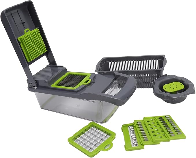 Vegetable Cutter Peeler Chopper Grater, Stainless Steel Kitchen Tool with Anti - Slip Handle and Blade Container for Potato Carrot Onion, 12 - Piece Set for Home (Grey Green)