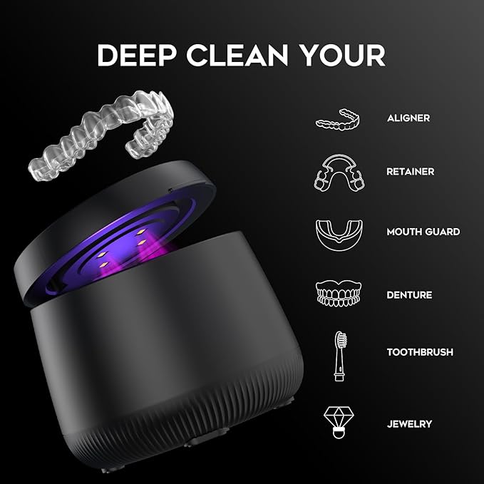Ultrasonic Retainer Cleaner Machine, Dynamic 42-48kHz Dental Cleaning Pod with Digital Timer, 200ml Mouth Guard Cleaner Pod for Aligners, Night Guards, Dental Trays, Braces & Toothbrushes (Jet Black)