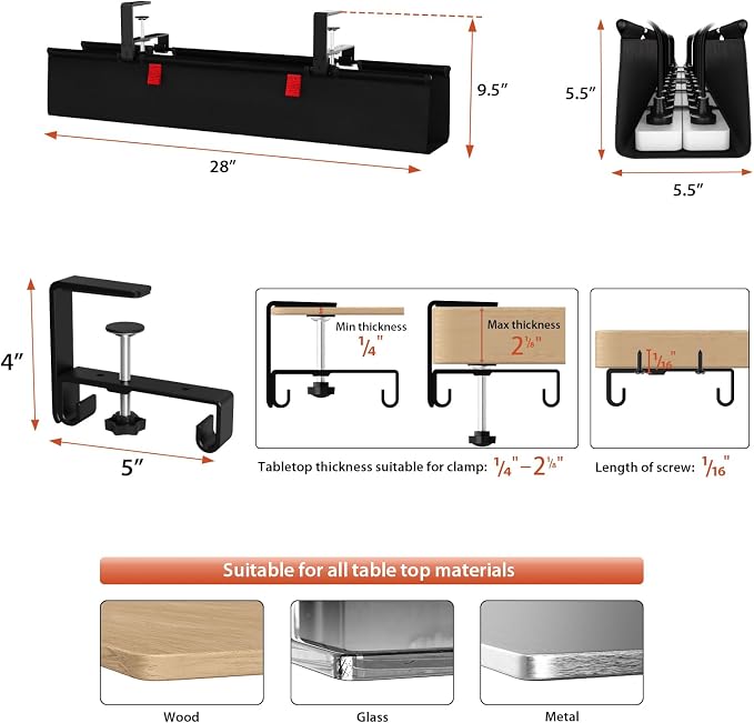 Univivi No Drill Under Desk Cable Management Tray, 28" Cord Organizer for Table, Clamp/Screw Mount Desk Cable Management, Premium Fabric Cable Management Tray for Office, Home
