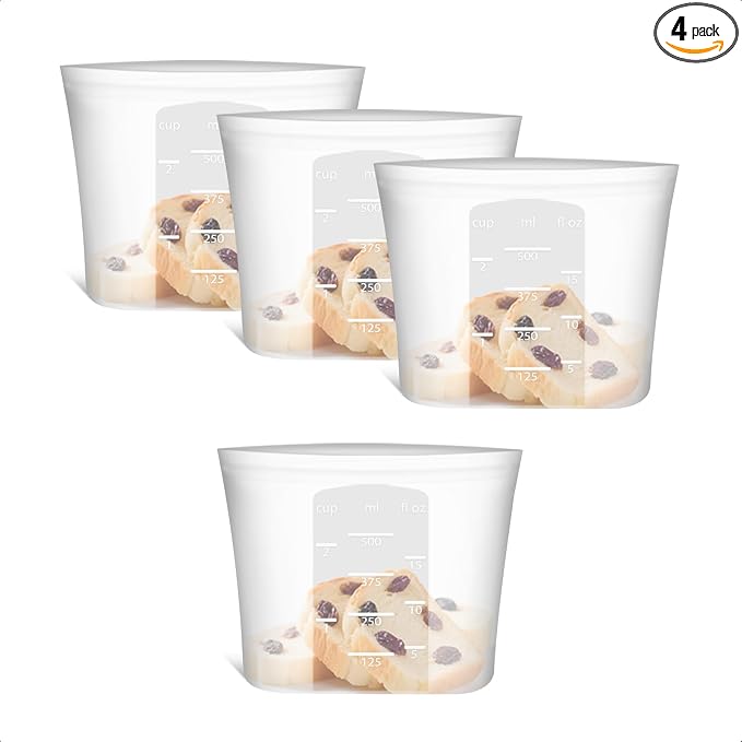 XS Reusable Silicone Food Storage Bags 4 Pack, 16fl oz/500ml, 100% Silicone Stand-Up Wide-Open Zip-Lock Reusable Bags for Small Items, Microwave Freezer Oven Dishwasher Safe, Translucent