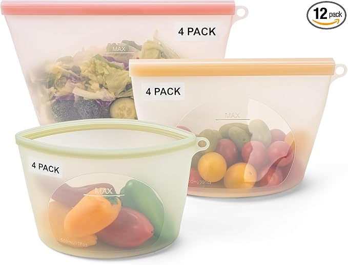 12-Packs Slider Reusable Silicone Food Storage Bags, 100% Silicone Stand-Up Wide-Open Leakproof Reusable Storage Bags for Food, Freezer Microwave Oven Dishwasher Safe, Eco-Friendly, Mixed 4L 4S 4XS