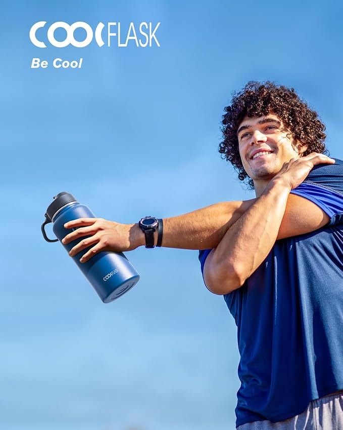 Coolflask Water Bottle 32 oz Insulated with Straw, Stainless Steel Metal 3 Lids Water Flask Wide Mouth for Sports or Office, Non-BPA Keep Cold Up to 48 Hrs or Hot Up to 24 Hrs, King's Blue