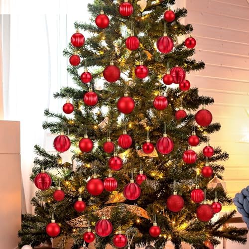 Lunmon 64 Pcs Red Christmas Ornaments Luxury Red Xmas Bulbs