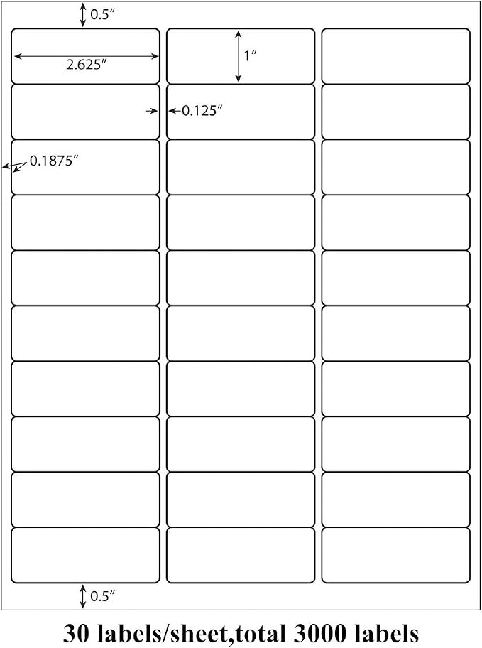 9527 Product 30 up 1 x 2-5/8 Sticker Labels Shipping Address Labels SKU Labels for Laser/Ink Jet Printer,100 Sheets,Total 3000 Labels
