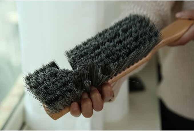 Metal Dust Pan and Brush Set, Natural Bristle Wooden Hand Broom for Fireplace, Garage, Workshop, 9" Wide