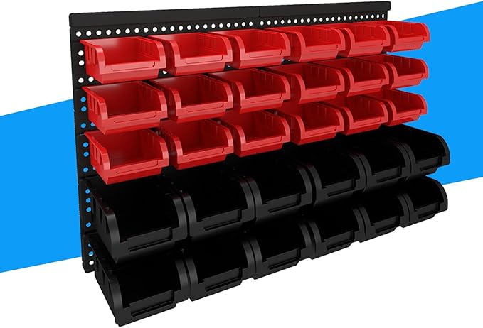 30Pcs Plastic Wall Mounted Storage Bins Parts Rack Nuts And Bolt Bins Organizer For Shop Garage for Screws, Nuts, Bolts, Nails, Beads, and Small Hardware Parts (RED+BLACK, 30)