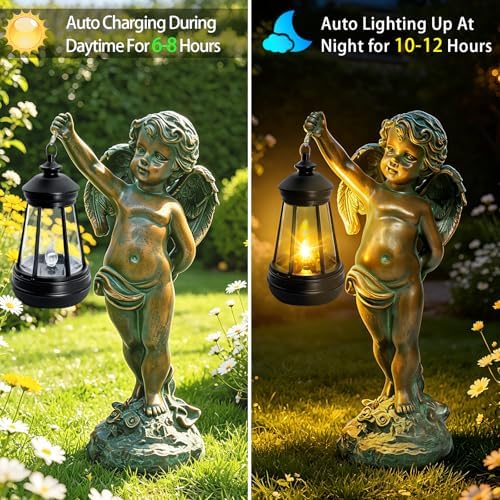 Solar Angel Garden Statues, Outdoor Angel Solar Hanging Lights Waterproof, Birthday Gifts for Mom Women Mother's Day, Cupid Boy Garden Figurines for Yard Decor Patio Porch Lawn Ornaments