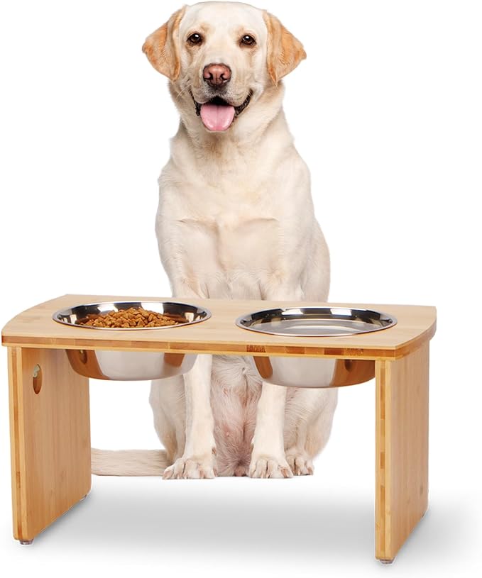 Elevated Dog Bowls, Bamboo Raised Dog Bowl for Large Dogs & Medium Dogs, with 2 Stainless Steel Bowls (10'' Tall–48 oz Bowl)