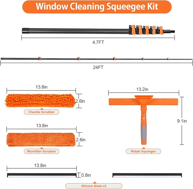 24FT Carbon Fiber Window Washing Kit with Extension Pole Outdoor | carbon fiber pole, ultralight, sturdy anti-corrosion, no ladder needed, 3/4 threaded tip fits plenty of tool accessories