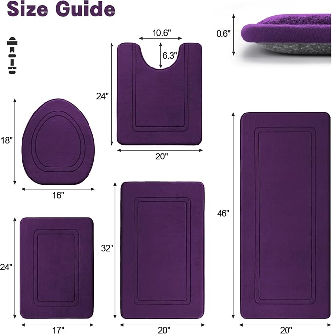 YIHOUSE Purple Memory Foam Bathroom Rug Set - 5 Piece Non Slip Bath Mats, Absorbent & Quick Drying for Bathroom Floor