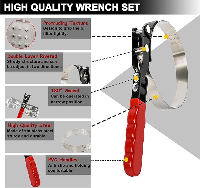 8pcs Oil Filter Wrench Set, 12" Adjustable Oil Filter Pliers with Flexible Oil Funnel, Oil filter Removal Tool Adjustable from 1-1/4"-5-2/5"