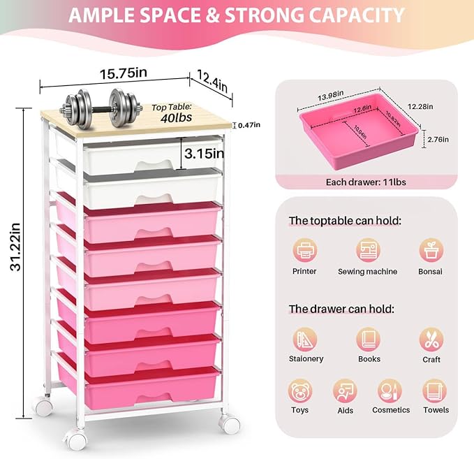 Goovilla Rolling Cart with Drawers, Utility Cart Organizer With 8 Removable Drawers and Wooden Tabletop, Lockable Rolling Storage Organizer for Art, Classroom, Home, Dorm, Office, Craft Storage, Pink