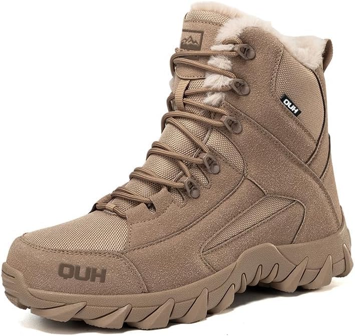 QUH Winter Snow Boots Waterproof Military Training Fur Lined Anti Slip Warm Boots Thickened Cotton Walking Ankle Boots For Man