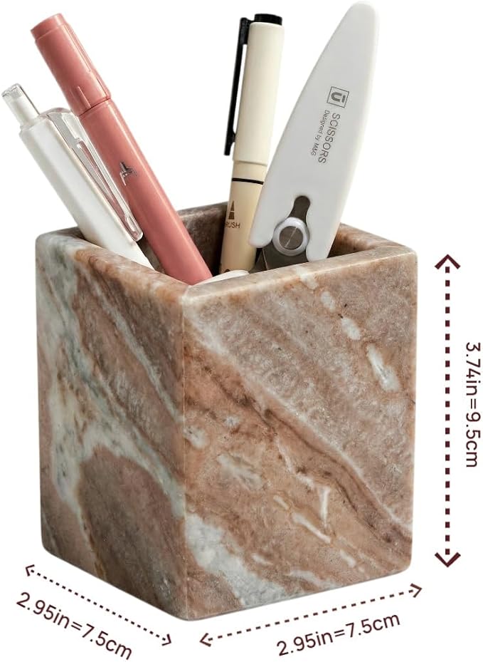 Natural Marble Pen Holder, 2.95” x 3.74” Square Desk Organizer, Marble Toothbrush Holder, Makeup Brush Holder, Decorative Storage Cup for Office Vanity Bathroom Kitchen Countertop, Brown
