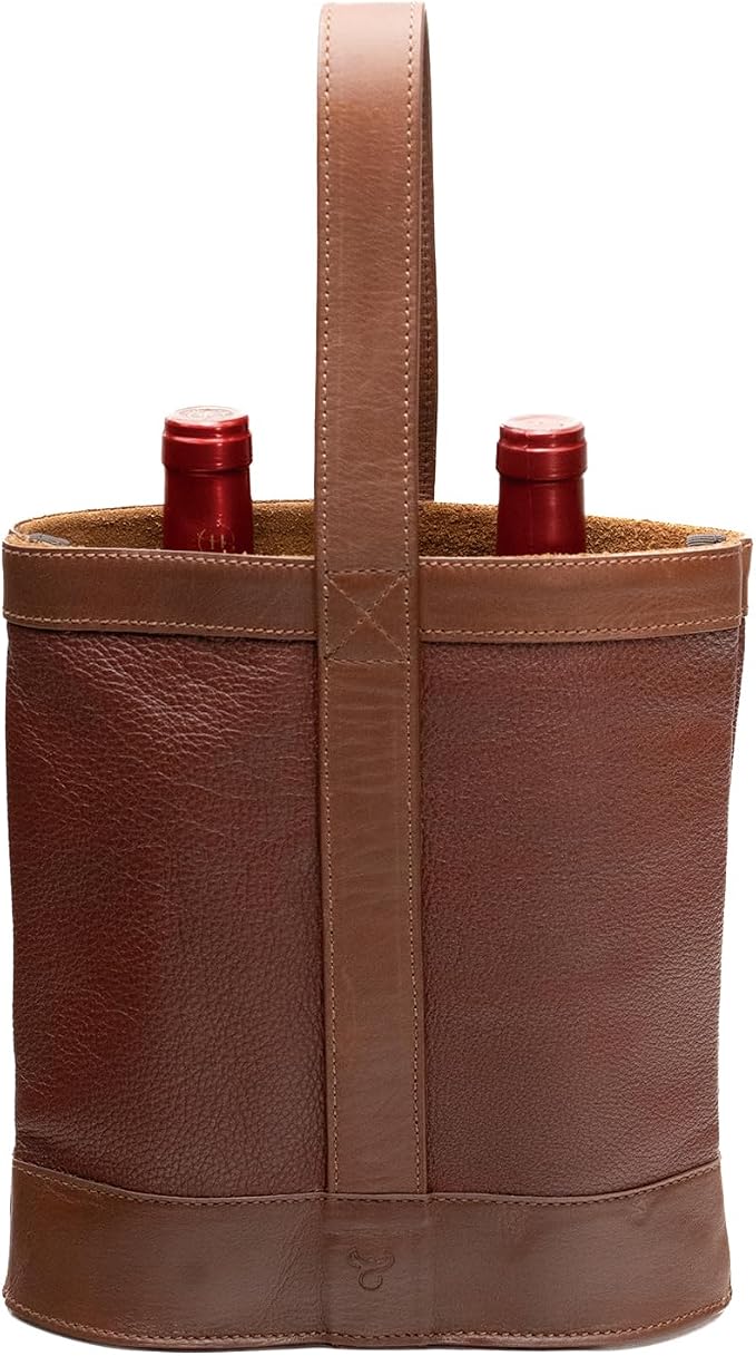 Double Wine Carrier Bag – Leather Wine Tote for Two Bottles with Handle – Protective Carrier for Picnic, Wine Champagne Gift Bag (Sunset)