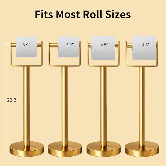 YUMORE Toilet Paper Holder Free Standing, Stainless Steel Toilet Paper Stand, Weighted Base Floor Tissue Roll Holder for Bathroom,Gold 200UP