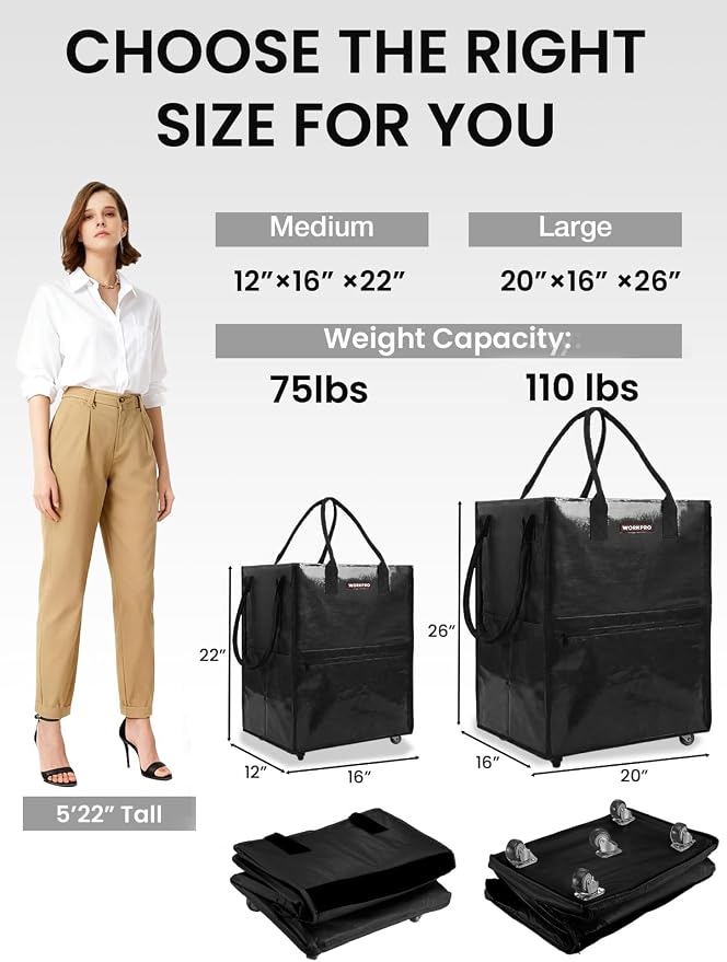 WORKPRO Medium Rolling Grocery Bag, 18-Gallon Shopping Tote with 4 Wheels | Reusable Grocery Bag on Wheels, Holds Up to 75 lbs, Heavy Duty Rolling Tote for Groceries, Laundry, Moving & Storage