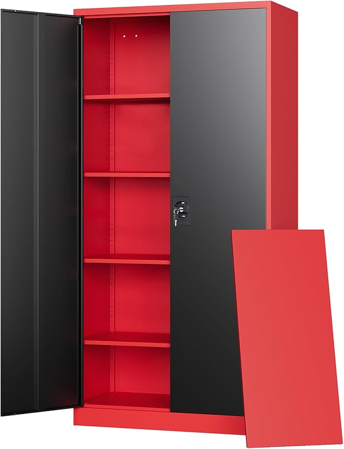 Metal Storage Cabinets with Lock, 72" Tall Locker Organizer Steel Cabinets, Adjustable Layers Shelves 2 Doors for Home, Office, Warehouse,Garage(Black Red)