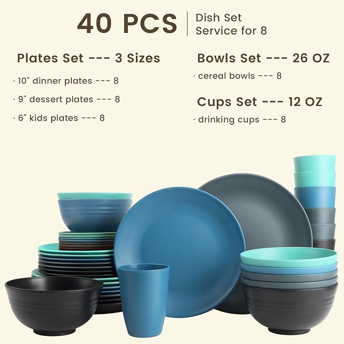 Homienly 40 PCS Premium Wheat Straw Dinnerware Sets, Reusable Unbreakable Plates and Bowls Set, Cups Sets, Service for 8, Microwave and Dishwasher Safe Dishes Set for Party, Outdoor (Nightscape)