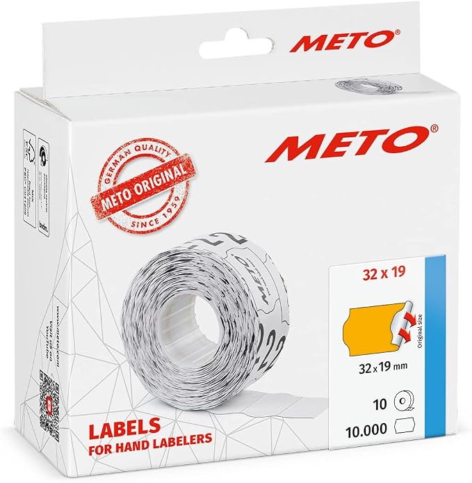 Meto Price Gun Labels (32×19 mm, Two-line, 10,000 Labels, Fluorescent Orange, Permanently Adhesive, for METO, Contact, Sato, Avery, Tovel, Samark etc.)