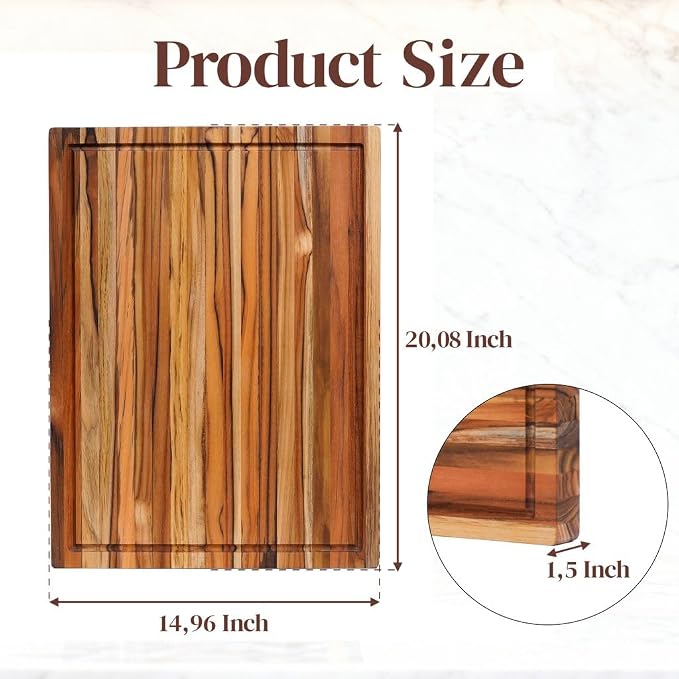 Premium Teak Wood Cutting Board 20×15 Inch, Extra Thick 1.5 Inch Edge Grain Butcher Block for Meat & Carving, Large Wooden Non-toxic Cutting Board with Juice Groove & Handles by New M Way
